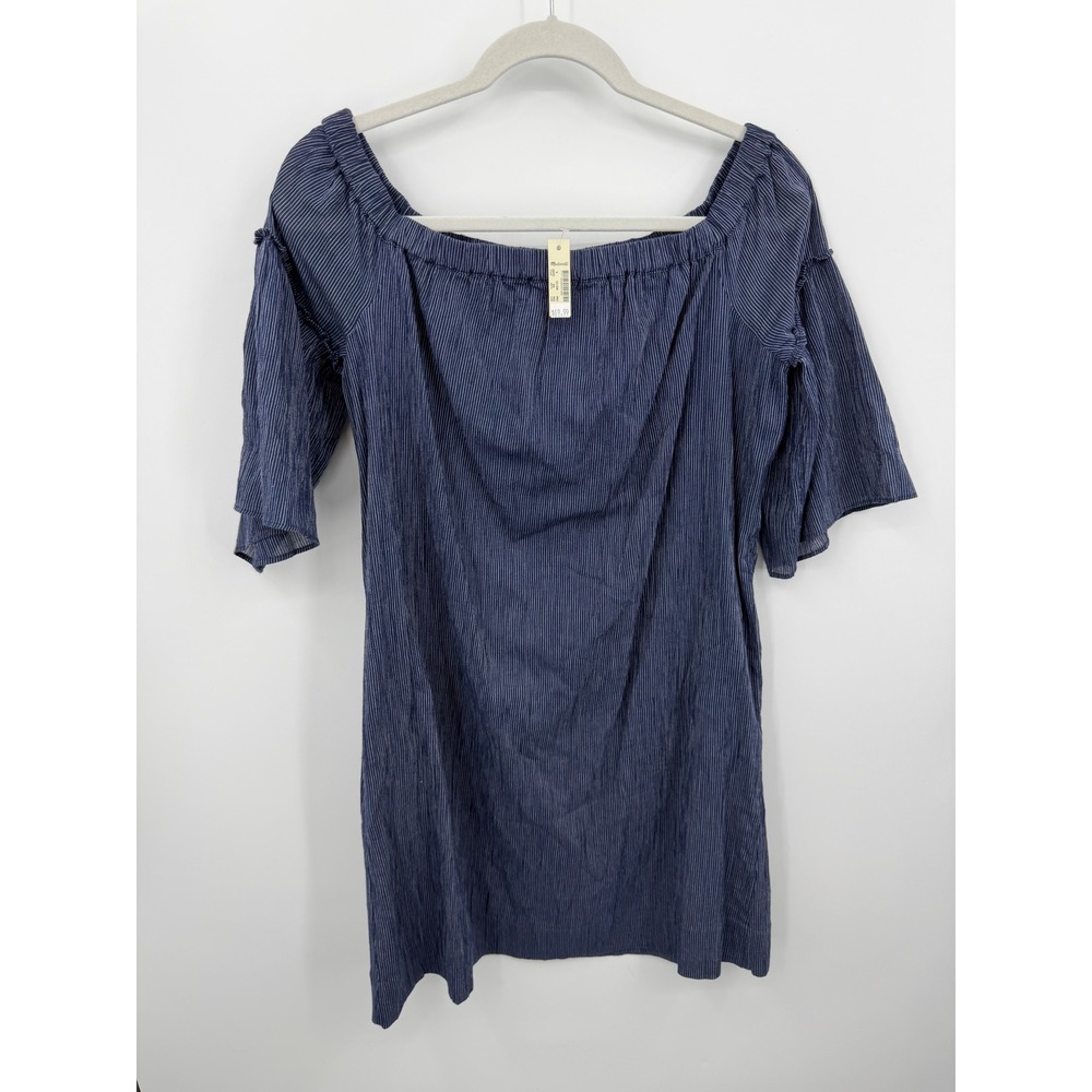 Madewell G3457 Off-The-Shoulder Dress Women 6 Blue Pinstripe Cotton Bell Sleeve